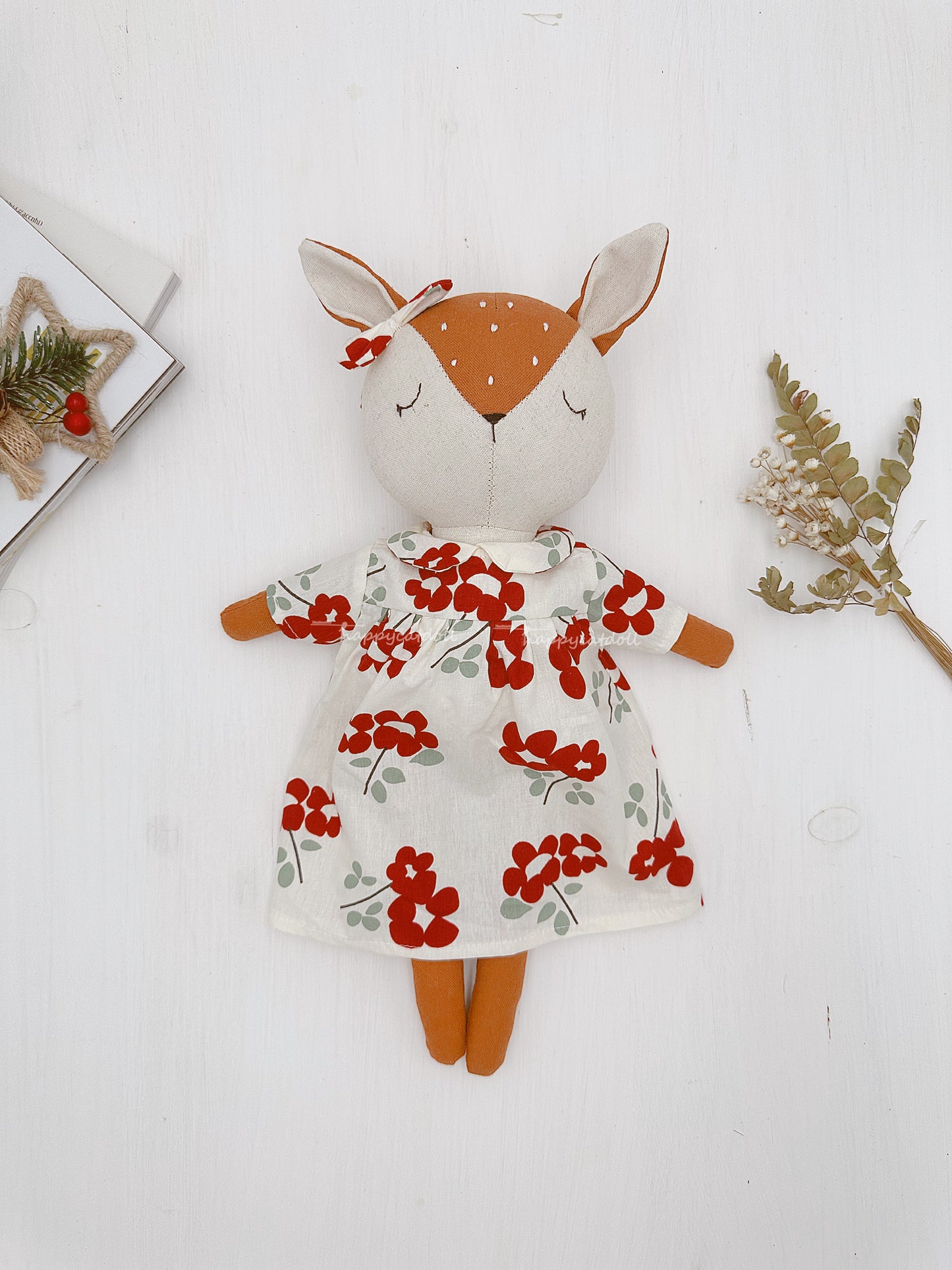 Deer doll with red flowers dress