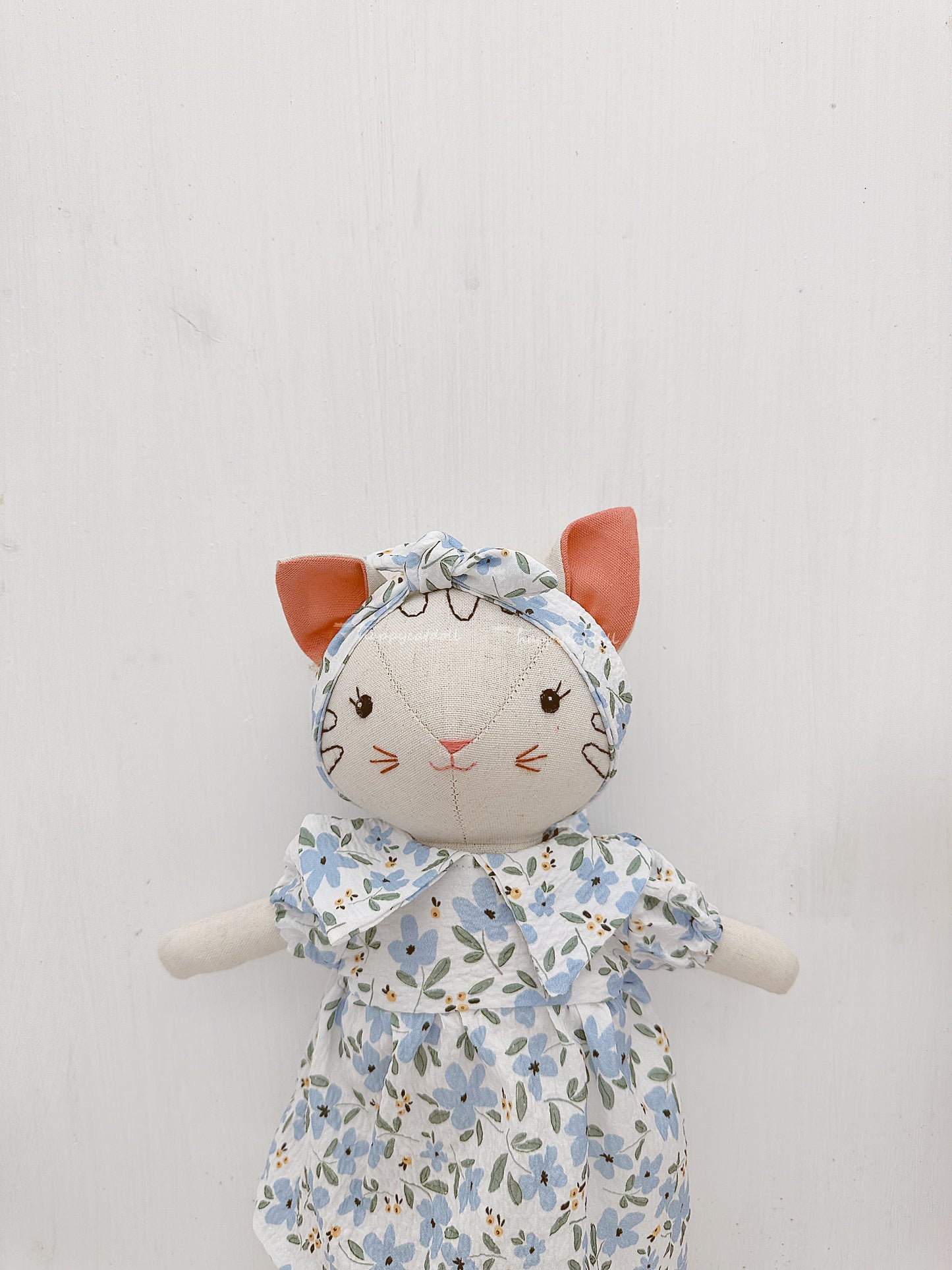 Cat doll with blue floral dress