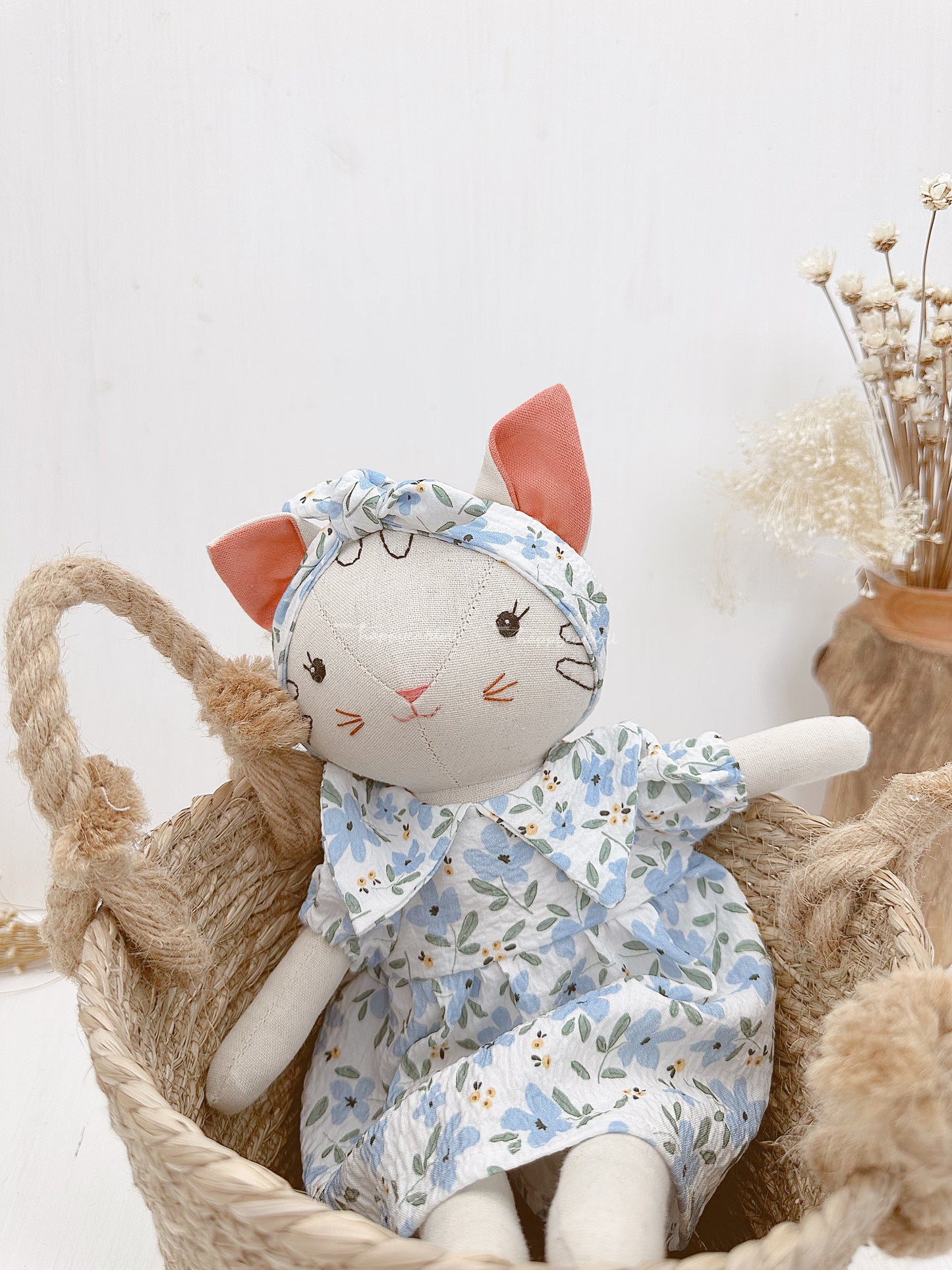 Cat doll with blue floral dress