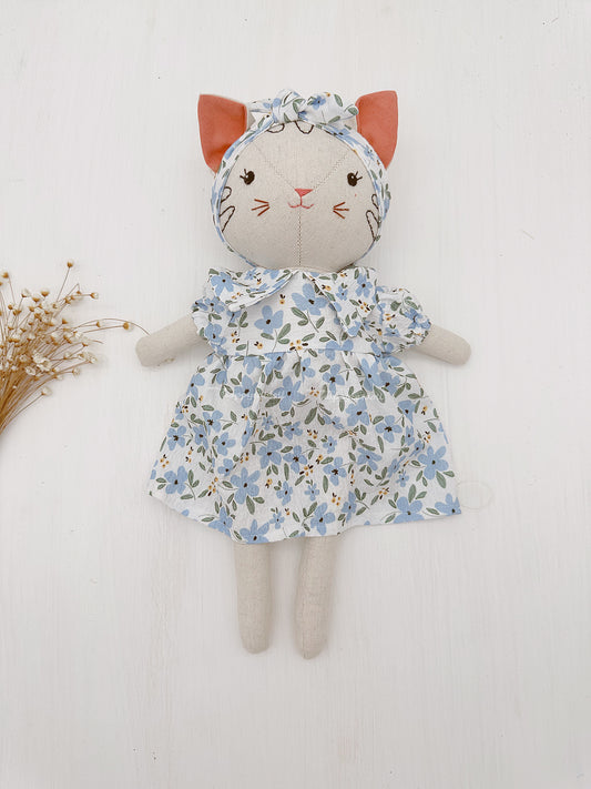 Cat doll with blue floral dress