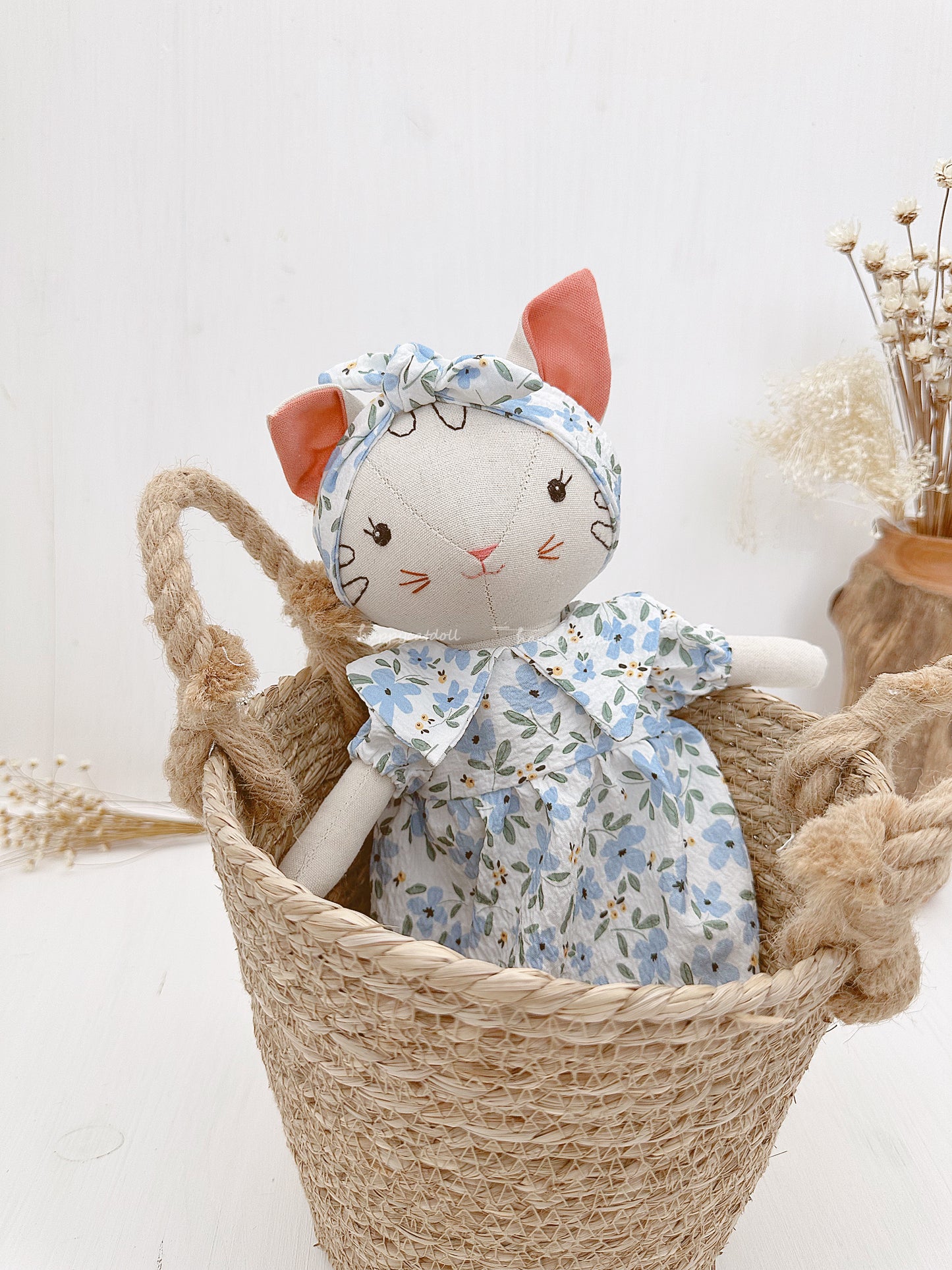 Cat doll with blue floral dress