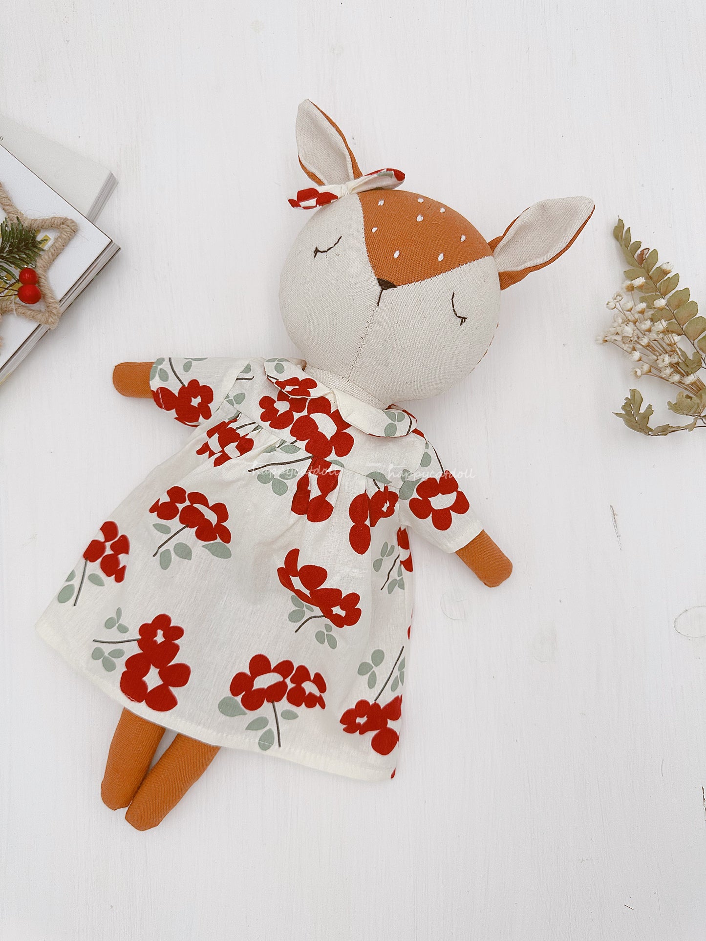 Deer doll with red flowers dress