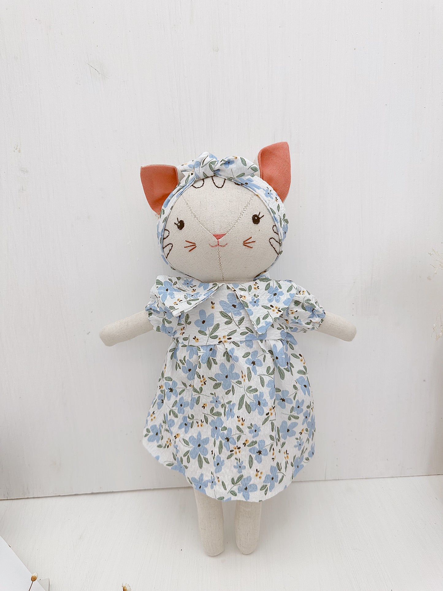 Cat doll with blue floral dress