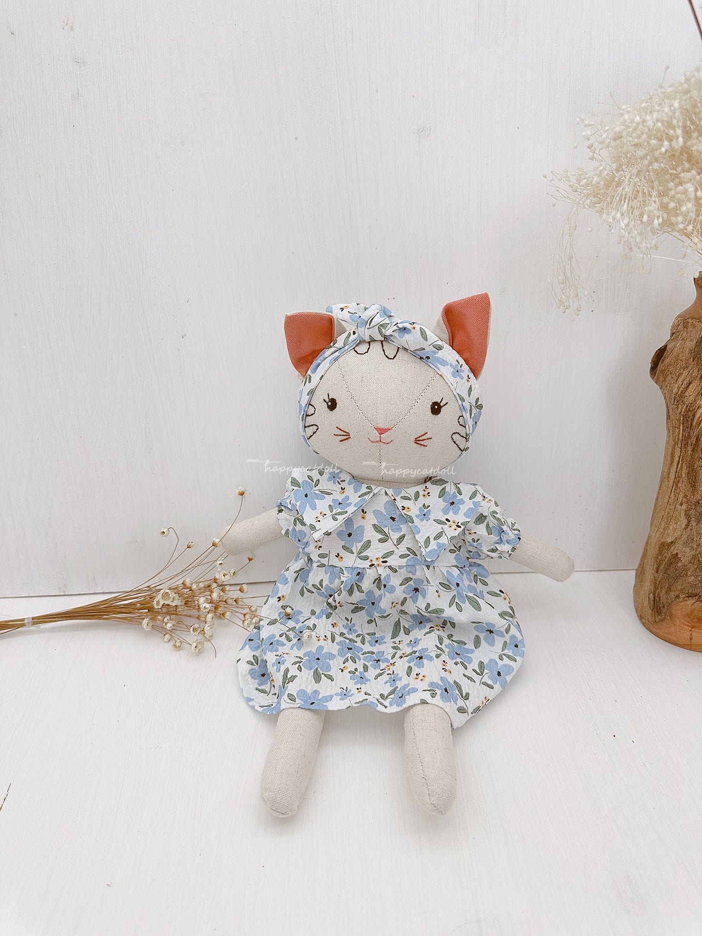 Cat doll with blue floral dress