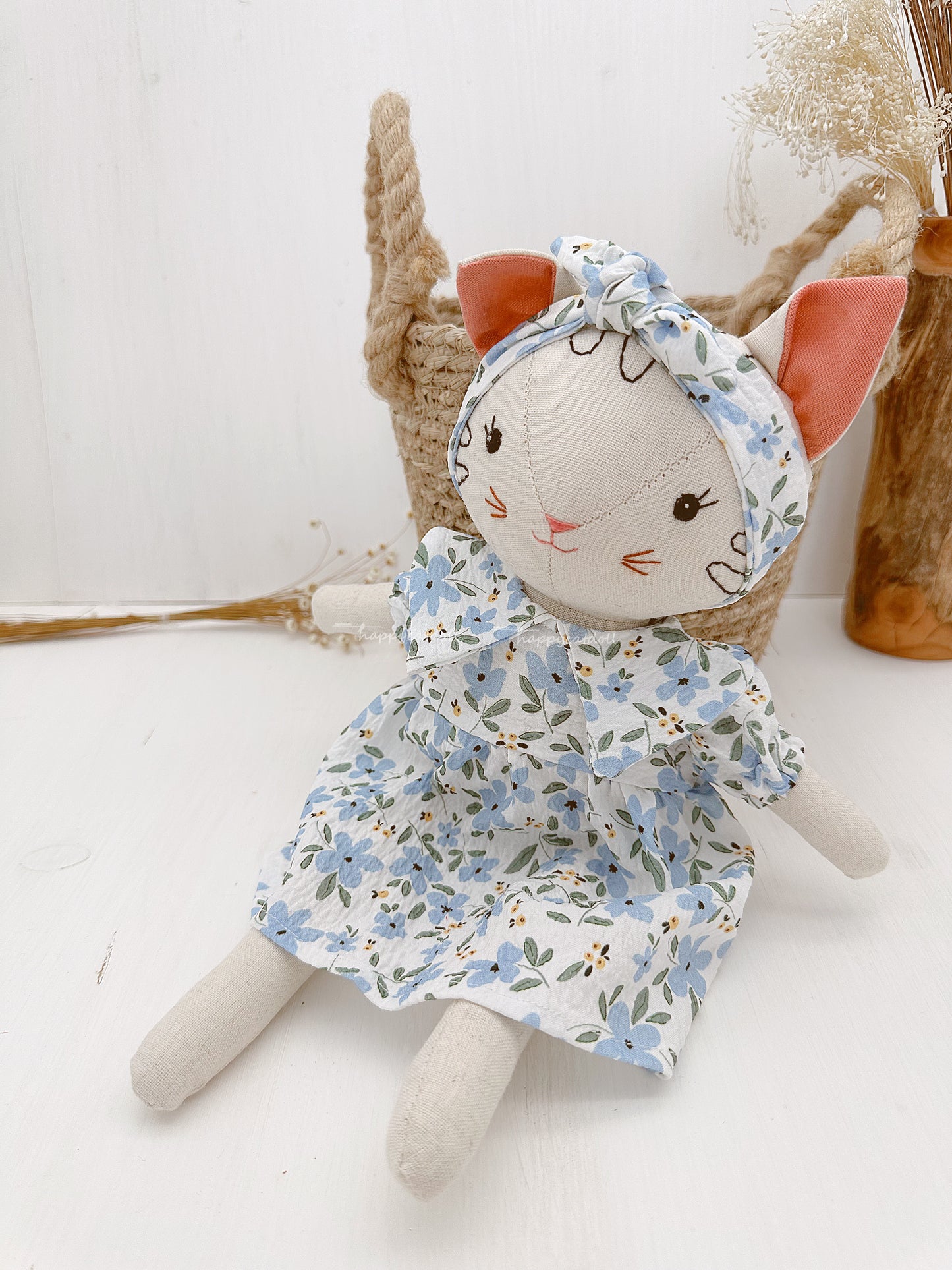 Cat doll with blue floral dress