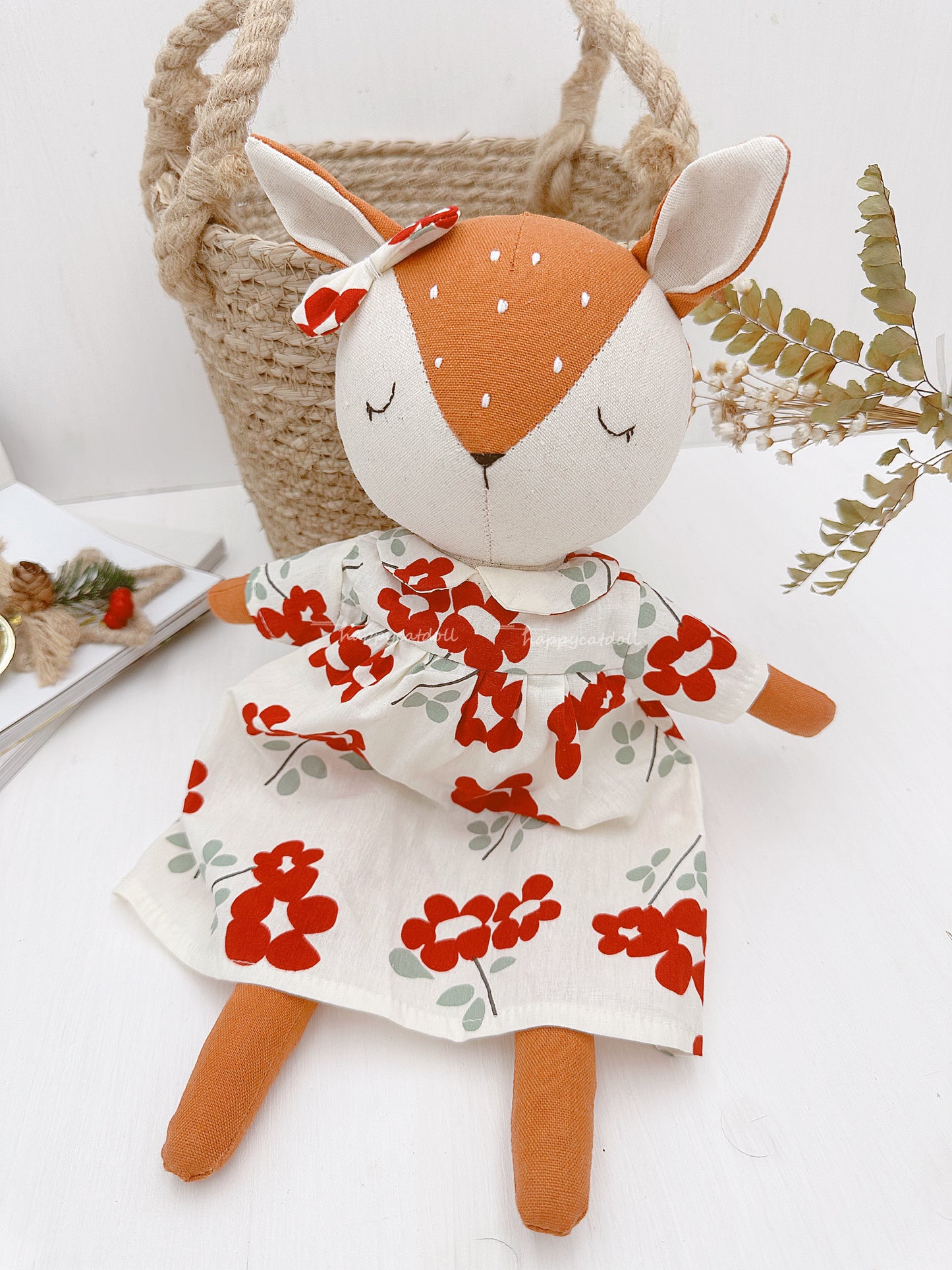 Deer doll with red flowers dress