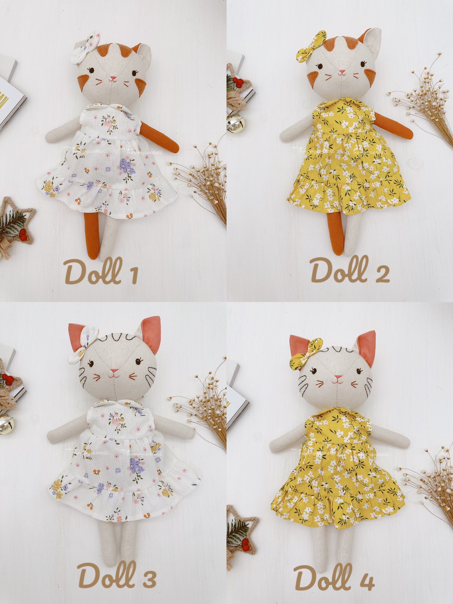 Two cute cat dolls with floral dresses